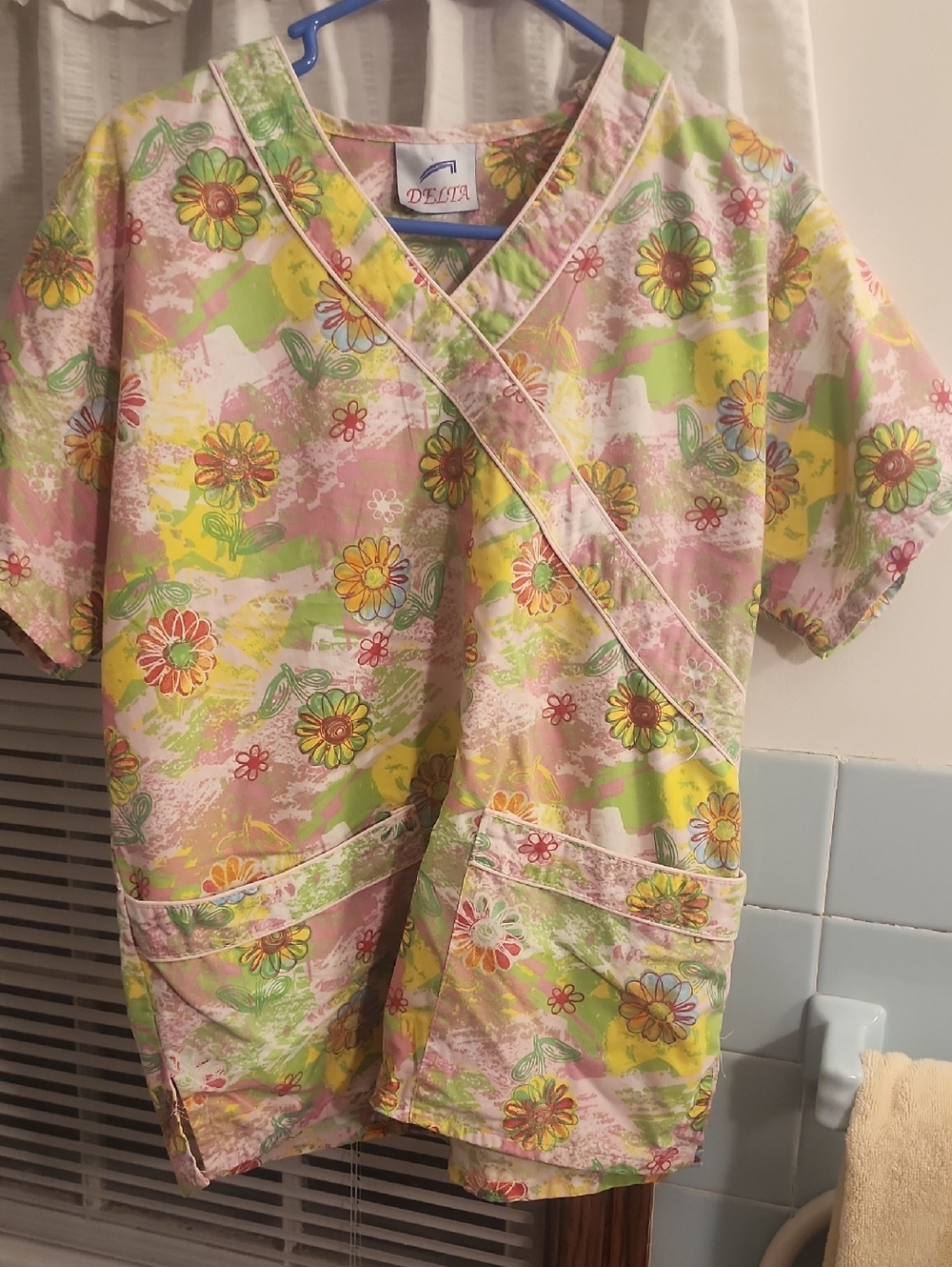 Delta Floral Crossover Scrub Top in Pink, Yellow & Green
